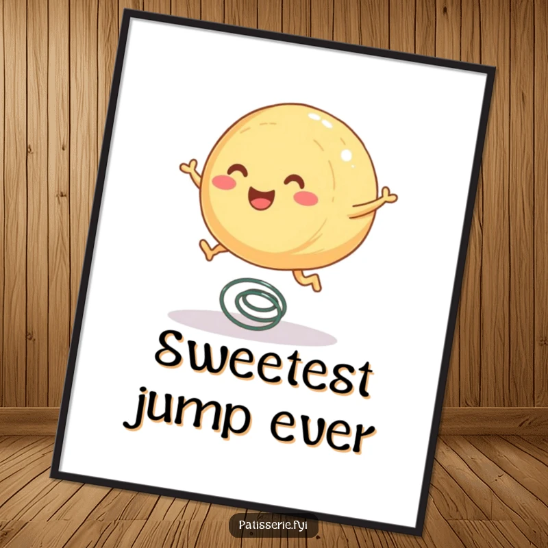 Funny pastry digital art print of a round, smiling pastry character with tiny legs joyfully jumping on a spring.
