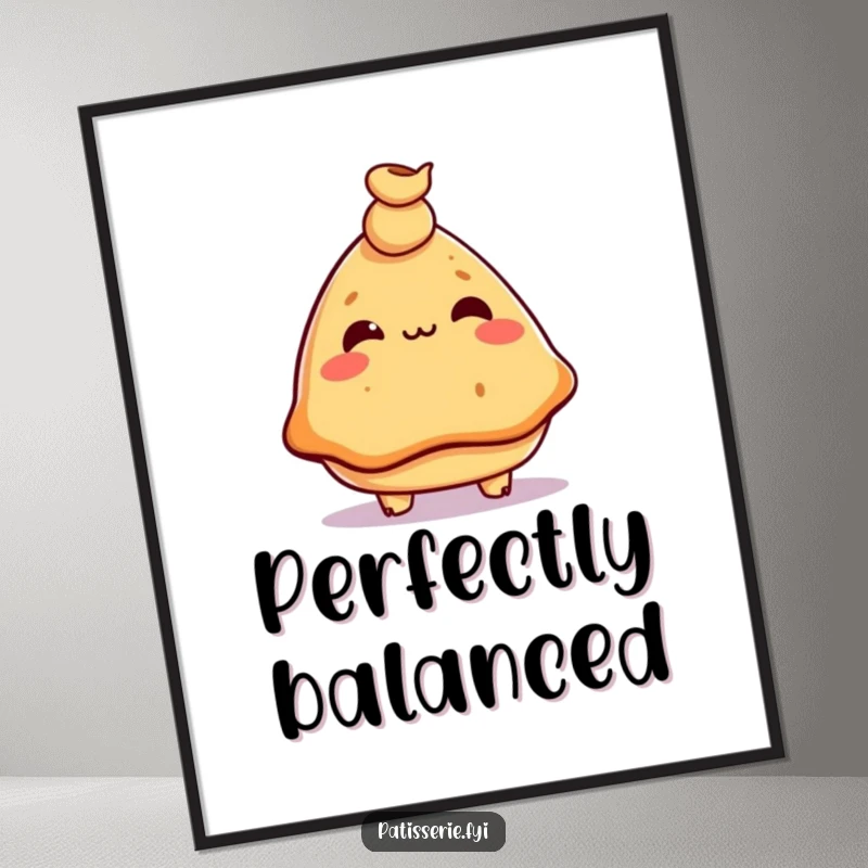 Funny samosa digital art print, mischievous, balancing a chickpea on its nose, instant download, quirky decor.