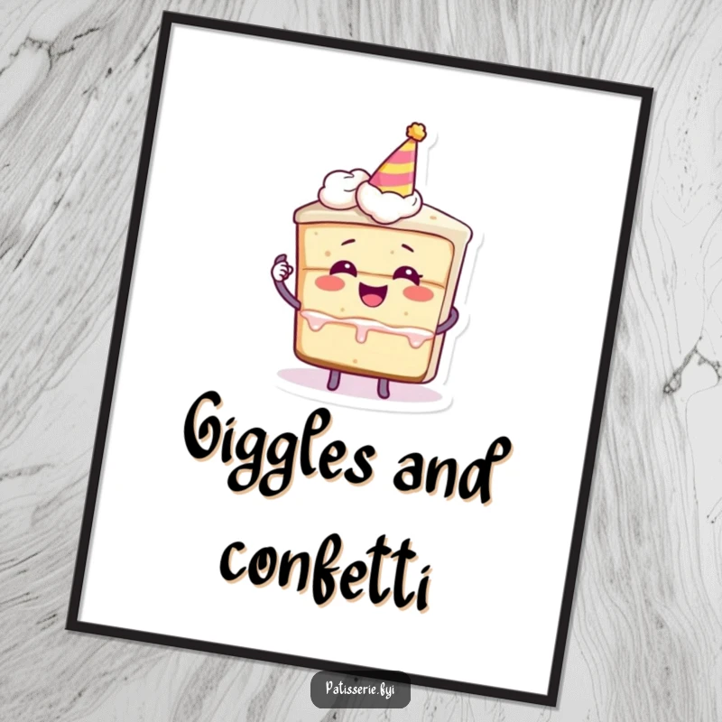 Funny digital art print of a slice of cake character giggling, holding a miniature party hat, capturing festive charm and pure joy.