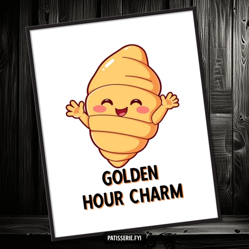 Funny croissant digital art print of a beaming pastry character with small arms enthusiastically waving hello, instant cheerful decor.
