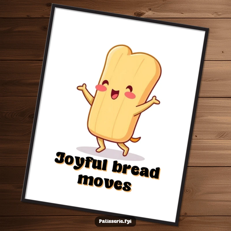 Funny baguette digital art print of a cheerful character doing a silly little jig, perfect for adding instant energy to decor.