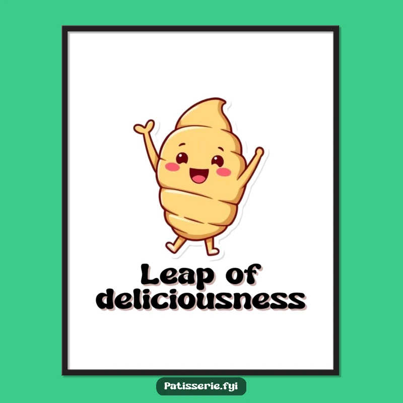 Instantly add a dose of breakfast cheer to your walls with this funny croissant digital art print, featuring a smiling pastry character jumping with delight. Perfect for immediate joyful decor.
