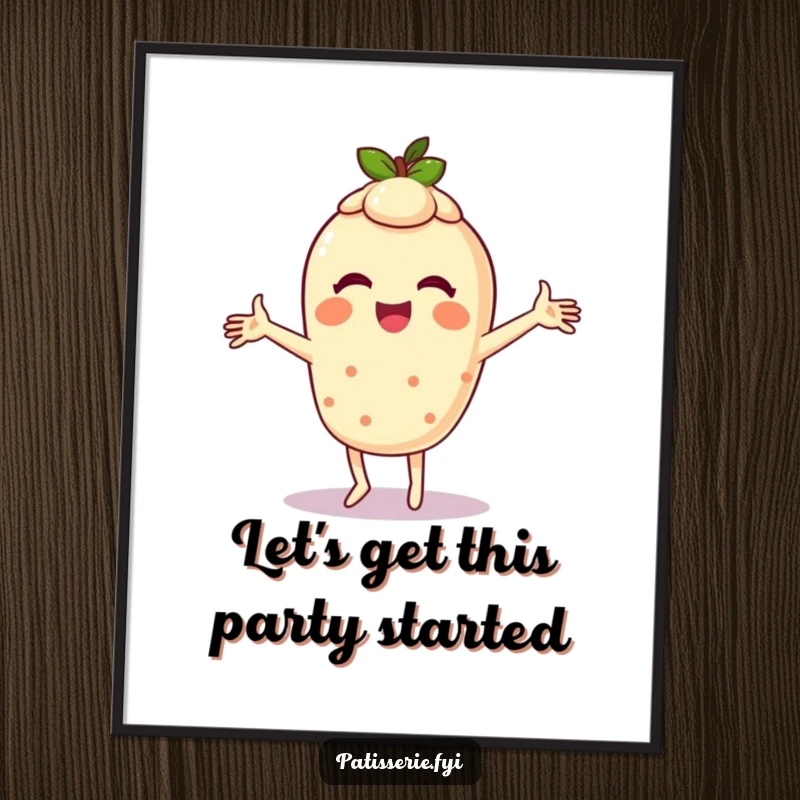 Funny digital art print of a giggling tart character doing a silly dance with arms spinning, offering instant cheerful vibes.