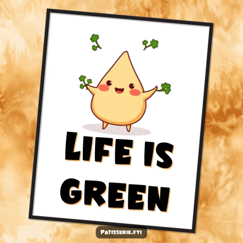 Funny samosa digital art print, cheerful, juggling three tiny cilantro sprigs, instant download, vibrant decor.