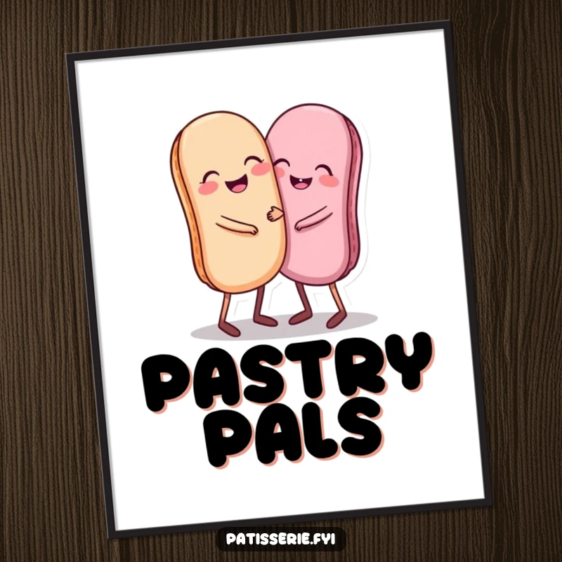 Funny digital art print of a giggling pair of macarons with tiny legs hugging each other, perfect for a cheerful room.