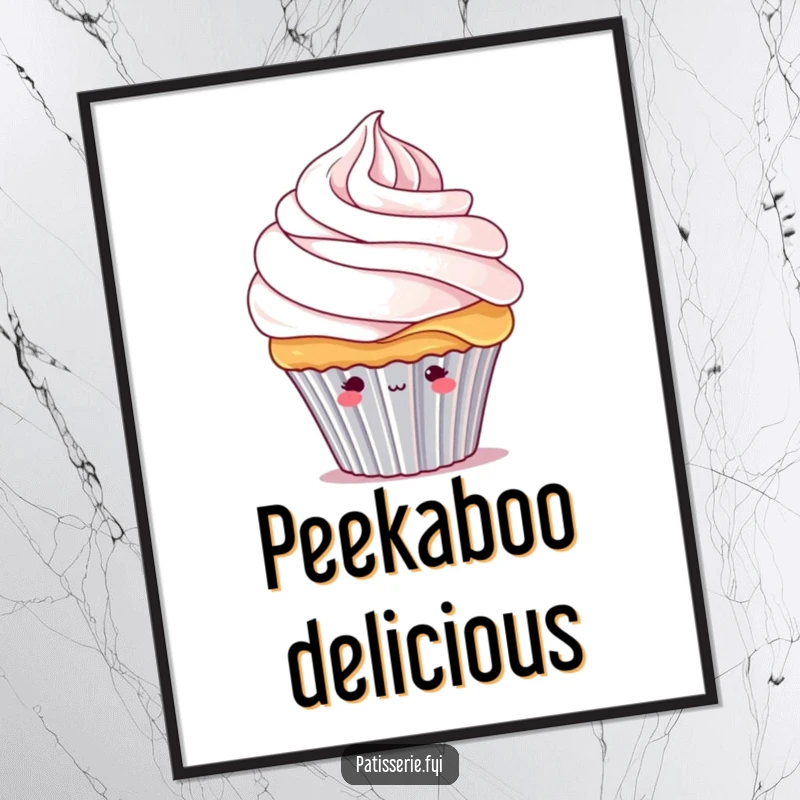 Funny shy cupcake digital art print of a bashful cupcake character peeking adorably from under a giant swirl of whipped cream.