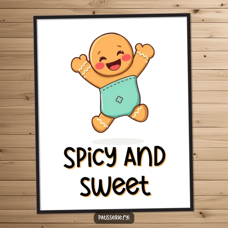 Funny digital art print of a grinning gingerbread man jumping joyfully from an oven mitt.