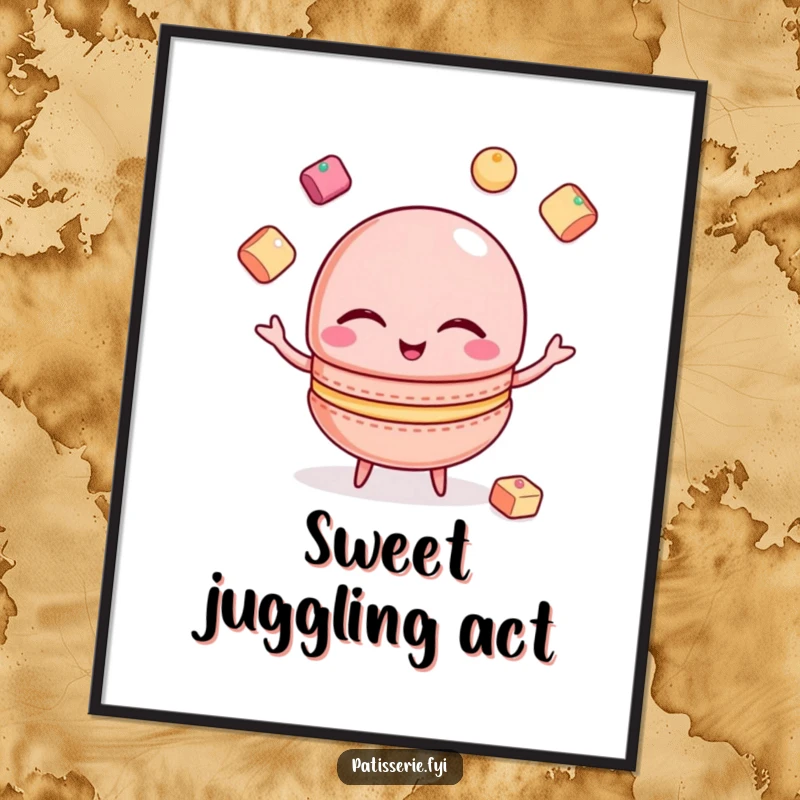 Funny Macaron Digital Art: A winking macaron juggles sugar cubes, a stylish and funny piece.