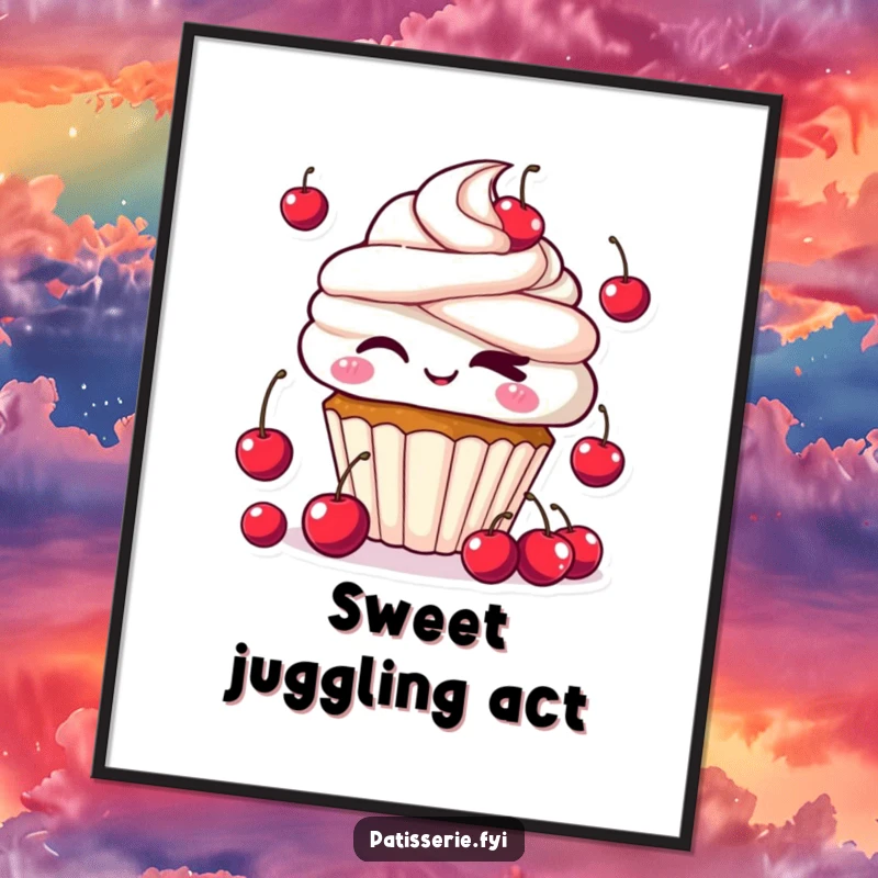 Funny Kawaii Cupcake Digital Art Print of a cute cupcake winking and juggling cherries, perfect for creating an instant sweet and humorous atmosphere.