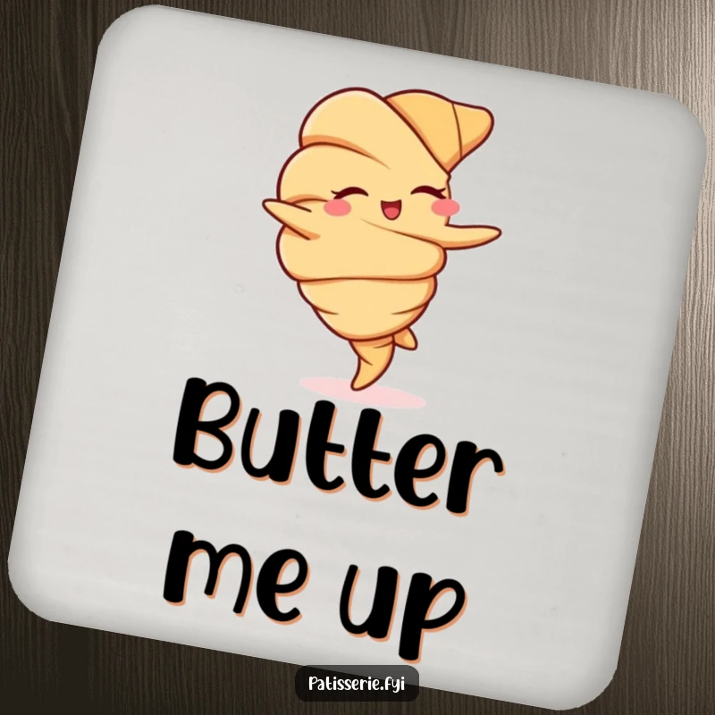 Funny drink coaster showcasing a charmingly winking croissant mid-cartwheel, perfect for protecting surfaces with style.