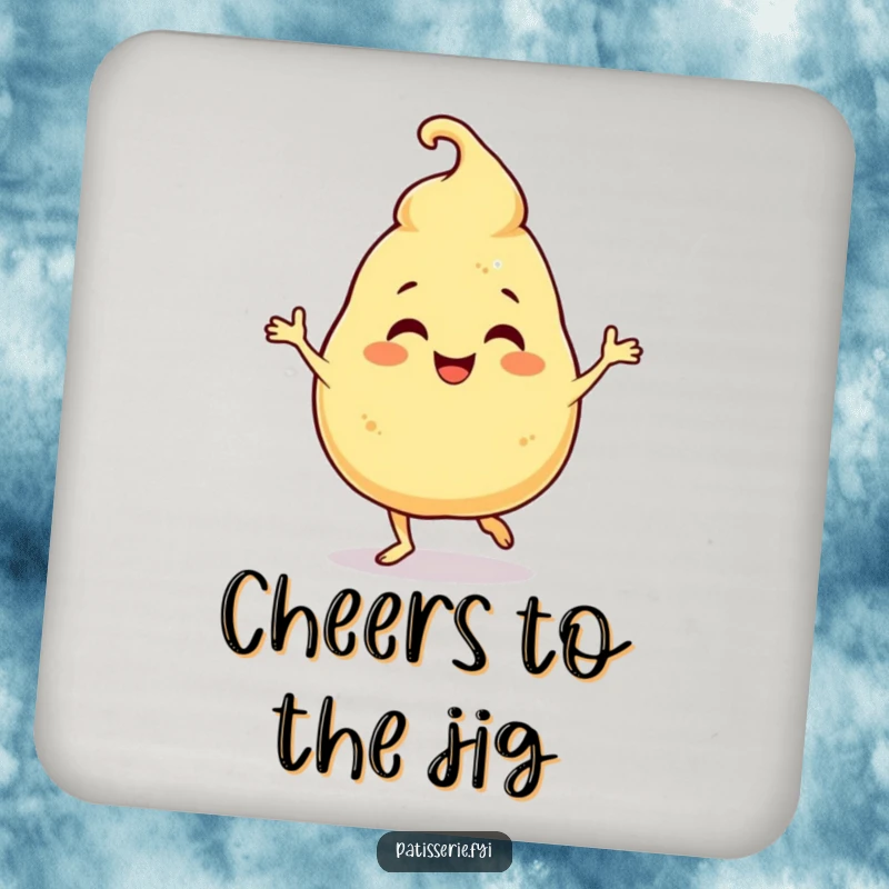Funny Drink Coaster: Giggling profiterole character humorously doing a jig, protecting surfaces with sweet fun.