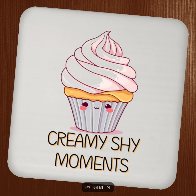 Funny shy cupcake coaster with a bashful cupcake character peeking from under a giant whipped cream swirl, protecting surfaces.