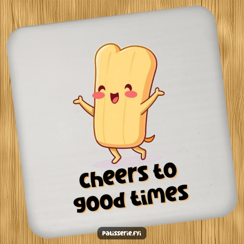 Funny baguette coaster featuring a cheerful character doing a silly little jig, protecting surfaces with a touch of fun.