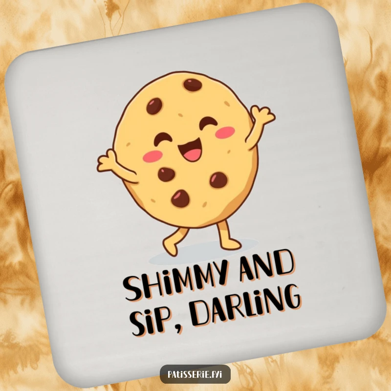 Funny cookie coaster depicting a giddy, chocolate chip cookie doing a silly dance, ideal for protecting tables with humorous flair.