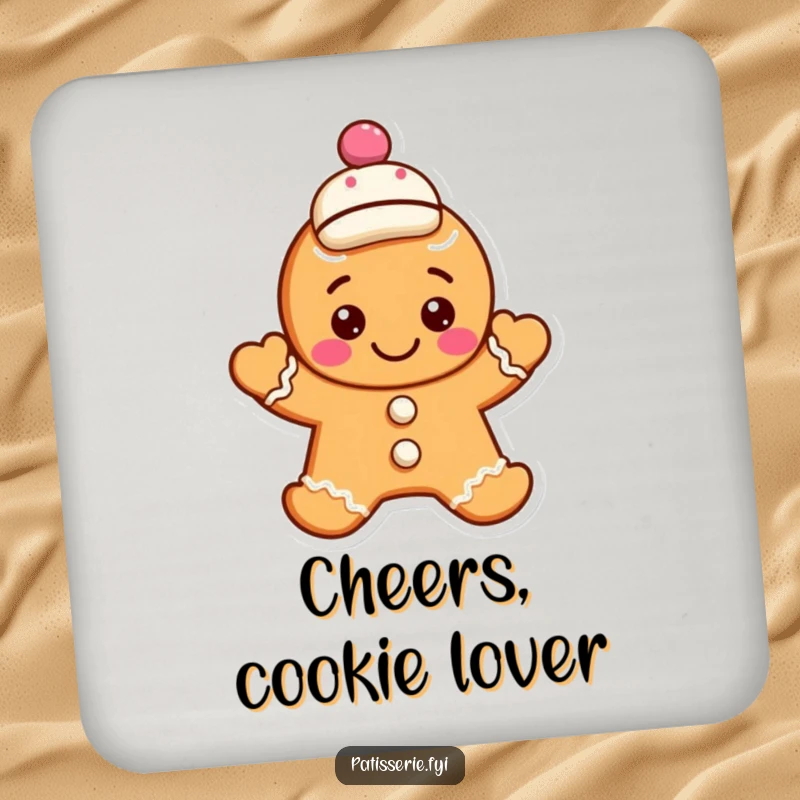 Funny gingerbread cookie coaster featuring a smiling character waving hello, wearing a jaunty cap, protecting surfaces with cheer.
