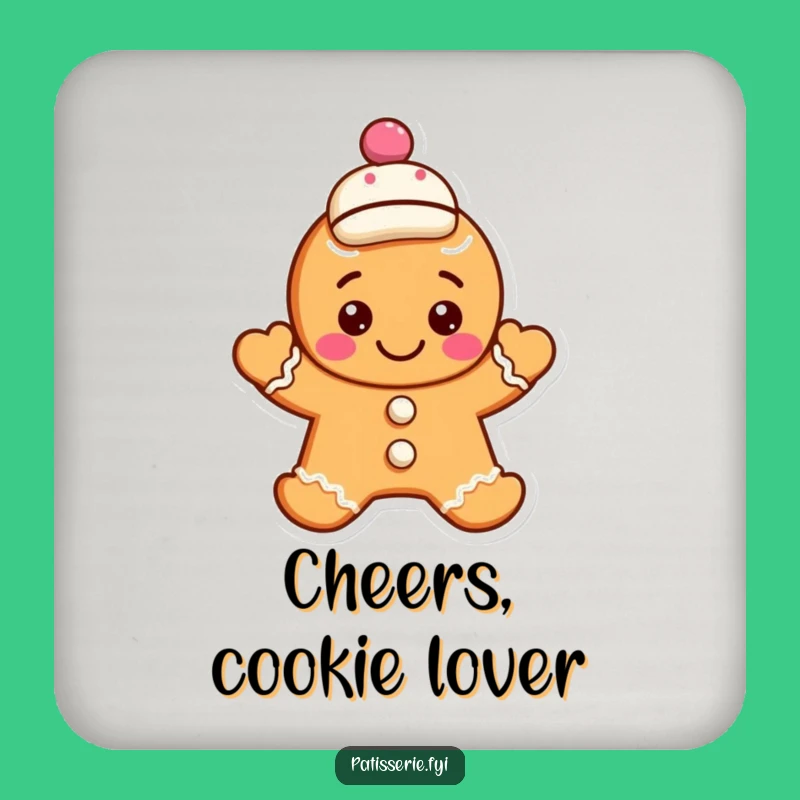 Funny Gingerbread Cookie Coaster: Waving Character, Jaunty Cap - Table Gift