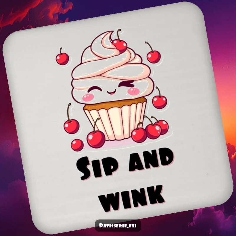 Funny Kawaii Cupcake Drink Coasters featuring a cute cupcake winking and juggling cherries, adding a playful touch while protecting furniture.