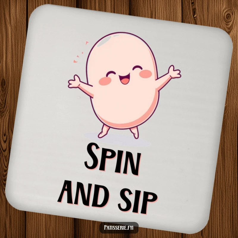 Funny Macaron Coaster: A plump, ecstatic macaron character performing a celebratory cartwheel, protecting your furniture with sweet, baked cheerfulness.