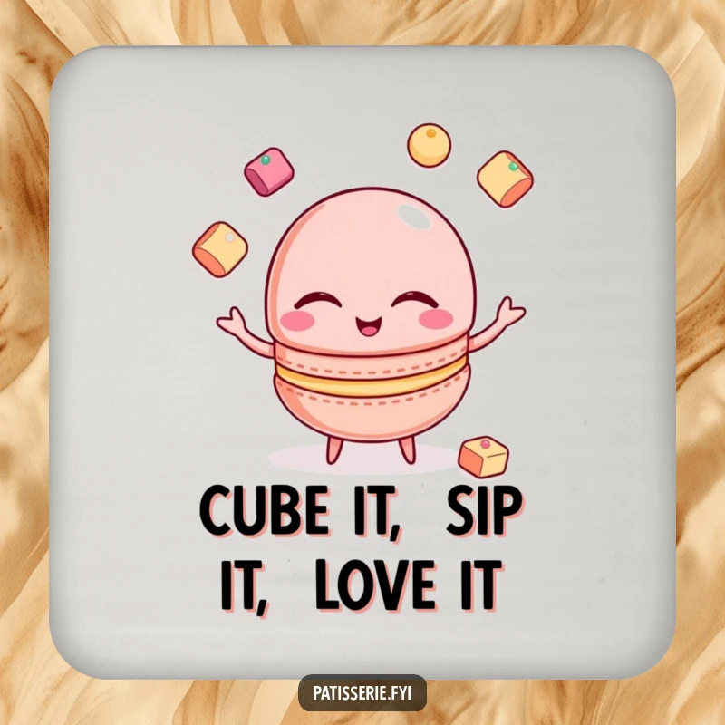 Funny Macaron Coaster: A winking macaron juggles sugar cubes, providing funny and elegant protection.
