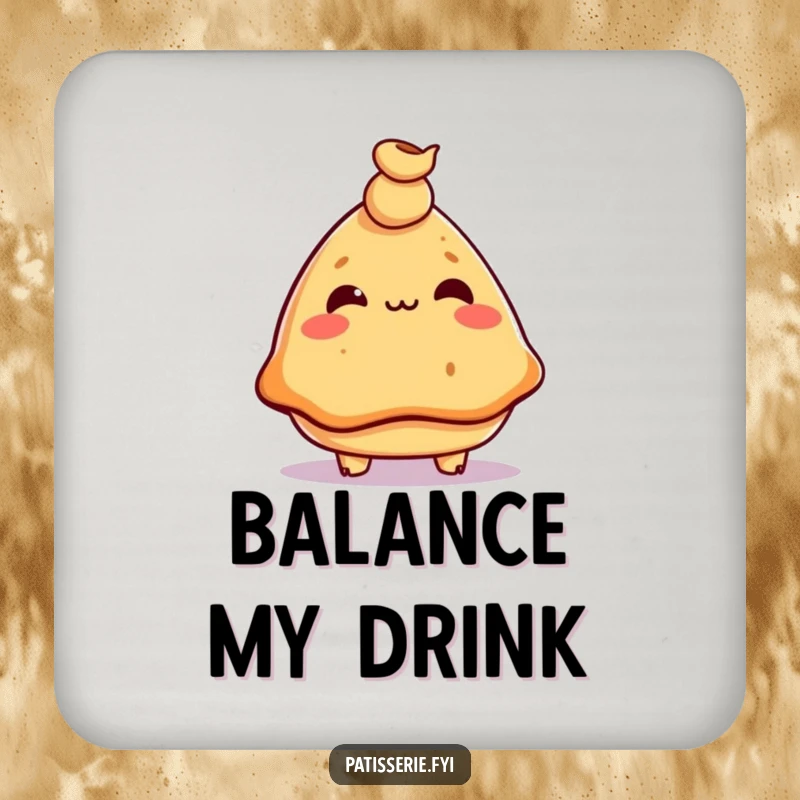 Funny samosa coaster, mischievous, balancing a chickpea on its nose, protects surfaces, humorous kitchen accessory.