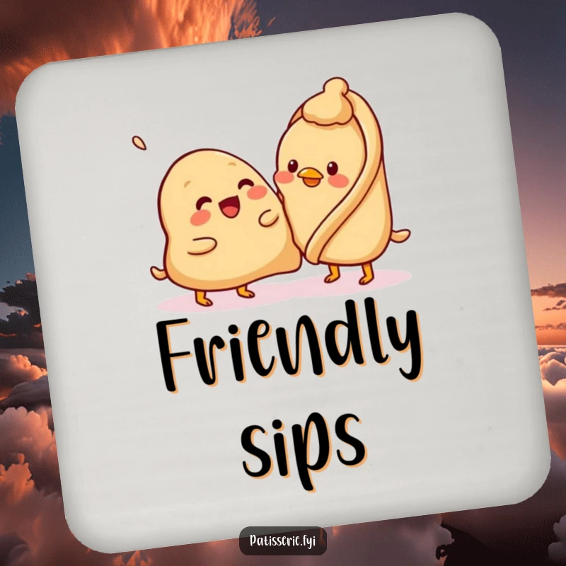 Funny samosa coaster, beaming, attempting to pat a confused chickpea, protects surfaces, humorous accessory.