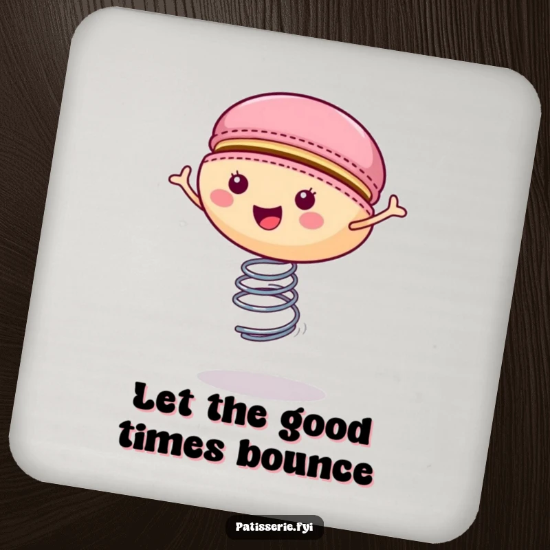 Funny macaron coaster depicting a cheerful cookie bouncing on a spring, ideal for protecting tables with playful charm.