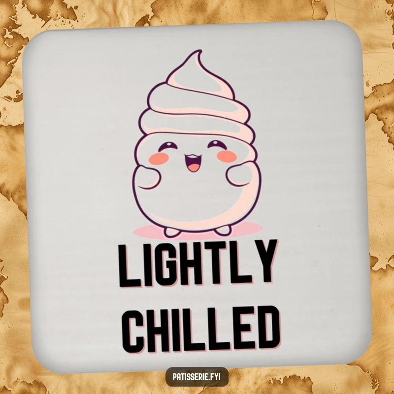Funny Meringue Drink Coaster displays a joyful, deflated meringue character mid-laugh, protecting surfaces with humor.