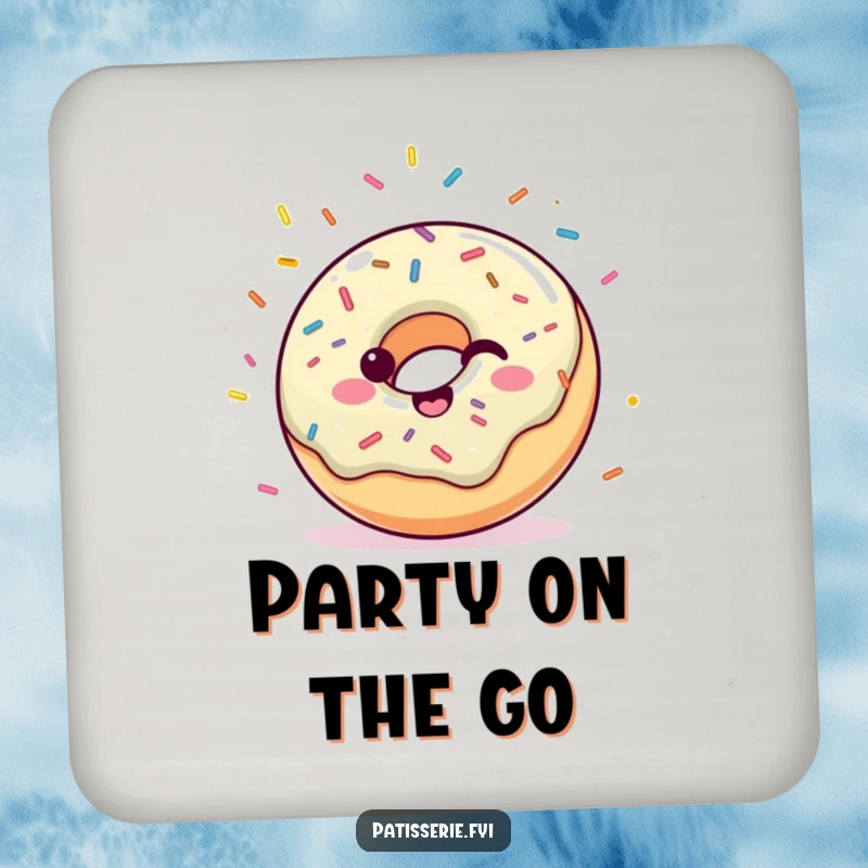 Funny drink coaster with a happy donut and sprinkles joyfully throwing confetti, protecting surfaces with style.