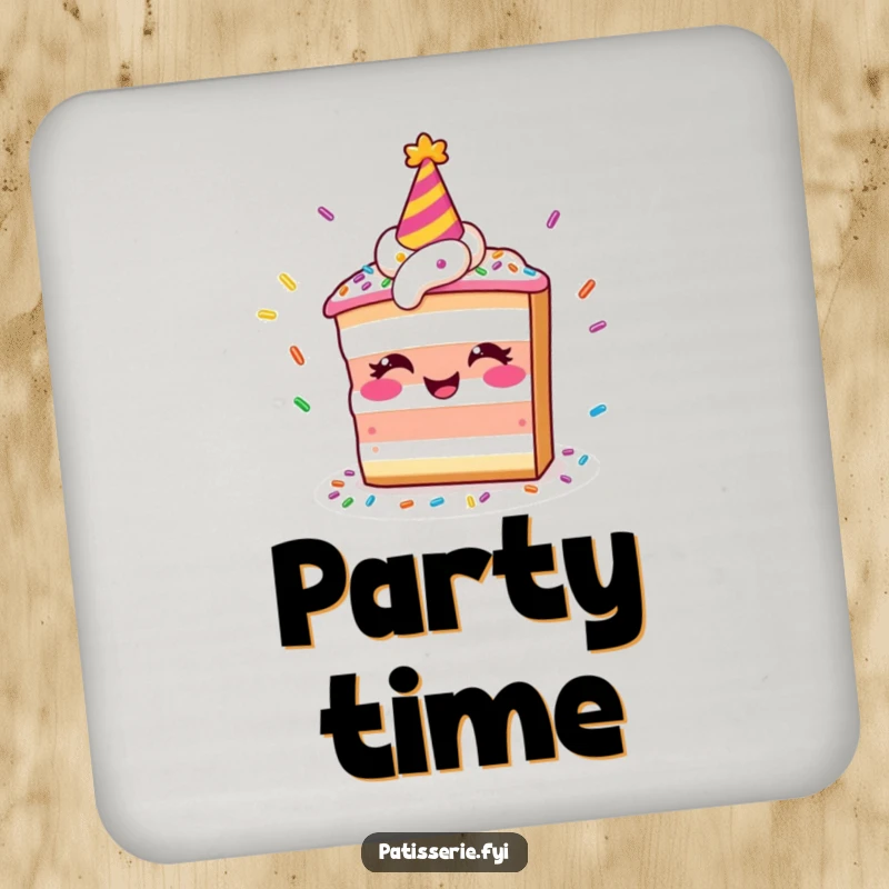 Funny coaster featuring a smiling slice of cake in a party hat juggling colorful sprinkles, designed for drink protection.