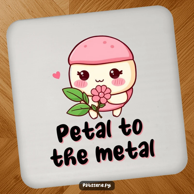 Funny macaron character with rosy cheeks blushing and holding a flower, on a protective drink coaster for sweet decor.