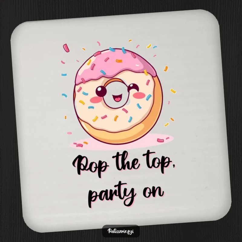 Funny donut coaster depicting a happy, sprinkle-covered pastry throwing confetti, ideal for protecting tables with festive flair.