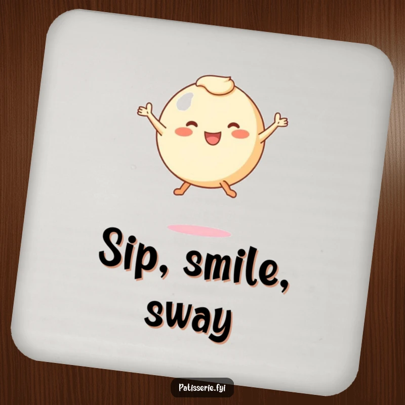 Funny drink coaster featuring a round pastry character with tiny legs joyfully leaping mid-air, protecting surfaces with cheerful energy.