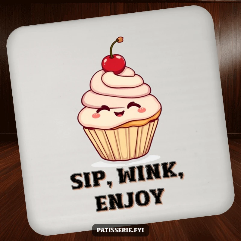 Funny coasters showcasing a cheerful cupcake character winking while holding a cherry aloft, adding sweet protection.