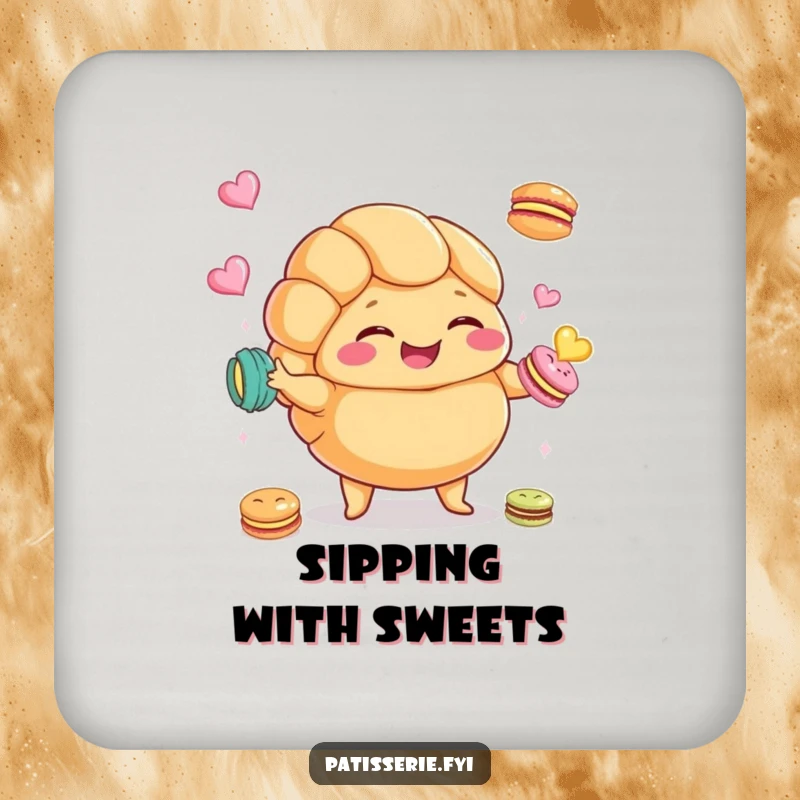 Funny Croissant Macaron Coaster showing a plump croissant giggling and juggling macarons, perfect for protecting surfaces humorously.