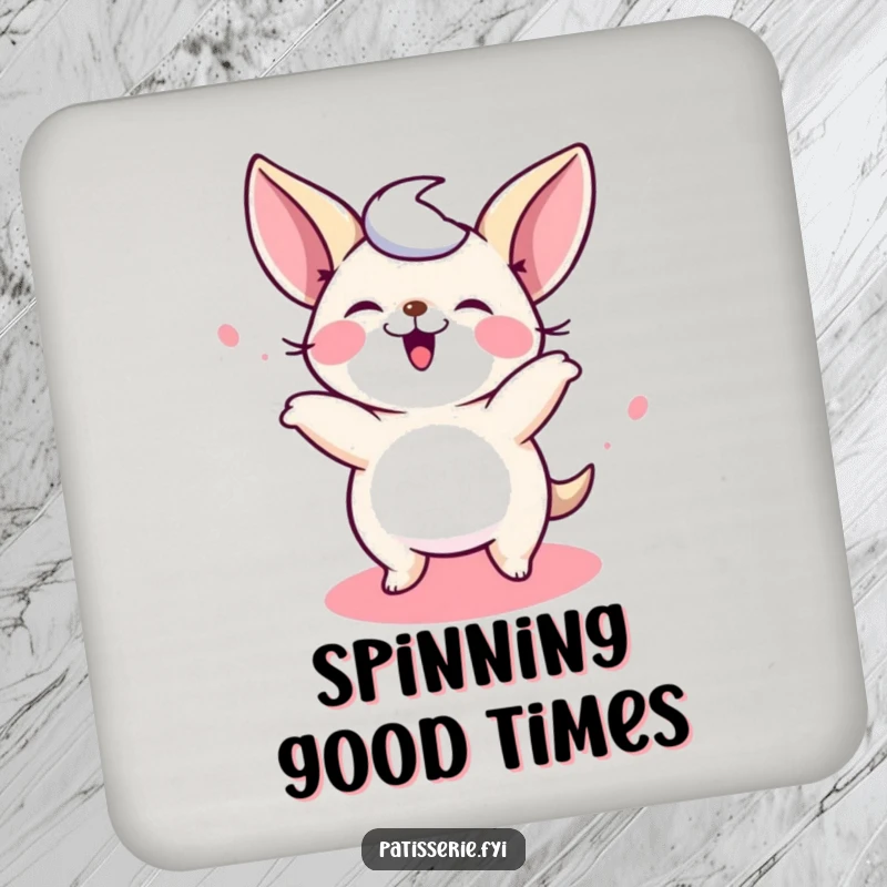 Funny Petit Four Coaster featuring a giggling tiny cake spinning, a fun and humorous addition to your tabletop for a funny gift.
