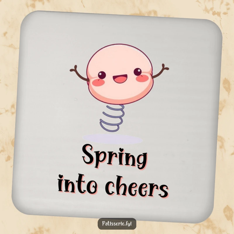 Funny drink coaster with a cheerful macaron bouncing energetically on a spring, protecting surfaces with style.