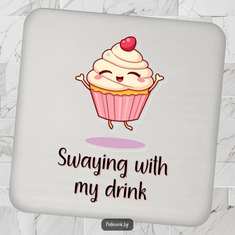 Funny drink coaster with a cupcake character with eyes closed, spinning in a delightful dance, protecting surfaces with sweet joy.