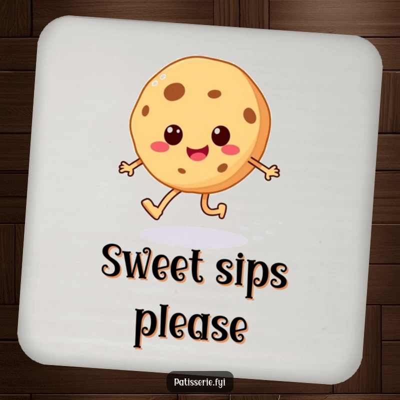 Funny cheerful cookie drink coaster with a happy skipping character leaving a sugar sprinkle trail, adding charm.