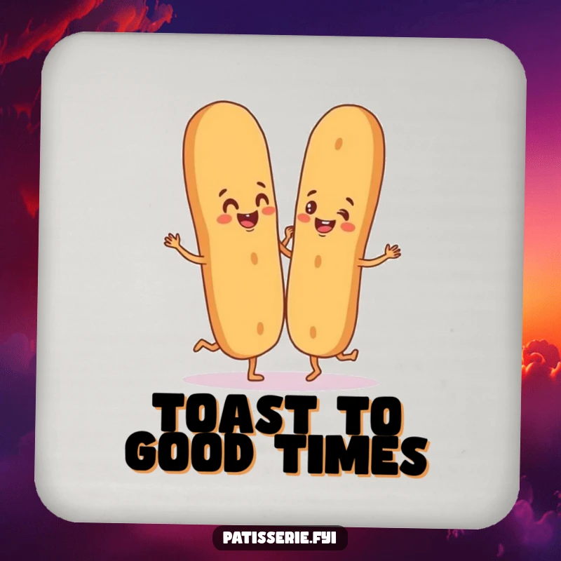 Funny drink coasters featuring a happy baguette and breadstick dancing, guarding your table with charm.