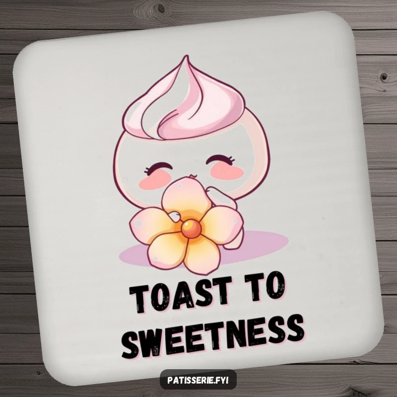 Funny Meringue Kiss Coaster featuring a happy meringue kissing a flower petal, a charming and humorous addition for a funny gift.