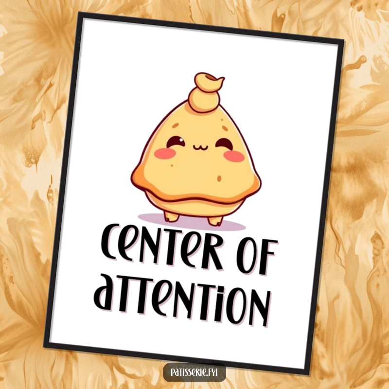 Funny samosa poster, mischievous, balancing a tiny chickpea on its nose, whimsical wall art, food lover humor.