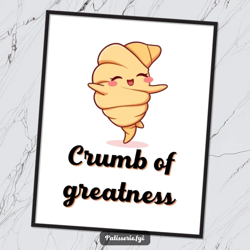 Funny poster print of a winking croissant executing a stylish cartwheel, adding artistic flair and humor.