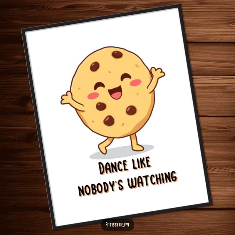 Funny cookie poster showing a giddy, chocolate chip cookie doing a silly dance, adding a playful and energetic touch.