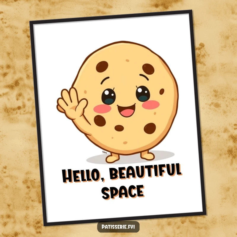 Funny Poster: A smiling cookie character enthusiastically waving both hands, radiating happiness and friendly greetings on your wall.