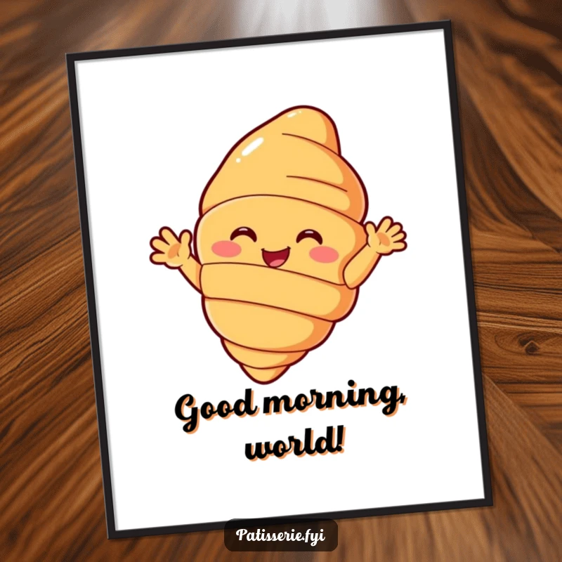 Funny croissant poster art of a beaming pastry character with small arms enthusiastically waving hello, perfect for cheerful room decor.