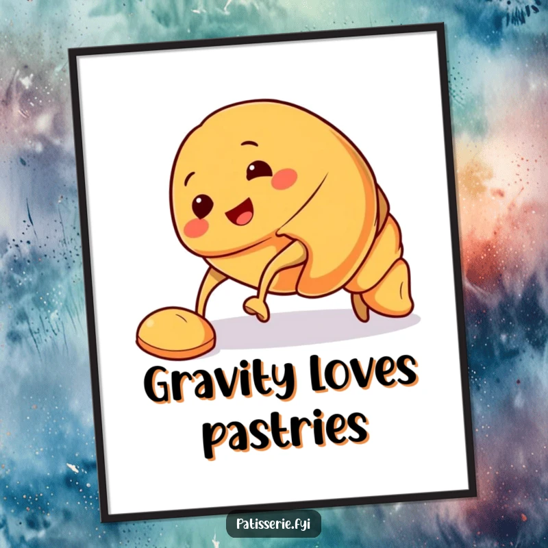 Funny Croissant Poster showing a smiling croissant character tripping over its feet, creating a humorous and whimsical piece of wall art.