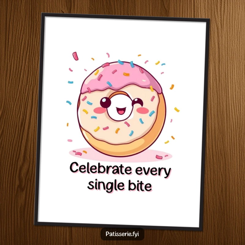 Funny donut poster showing a happy, sprinkle-covered pastry joyfully throwing confetti, adding a festive and fun element.