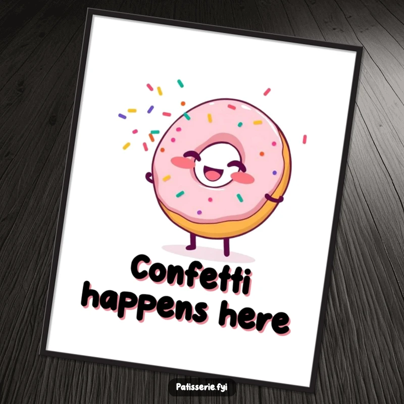 Funny Donut Poster showing a giggling donut character spraying colorful sprinkles like confetti, creating a vibrant and joyful piece of wall art.