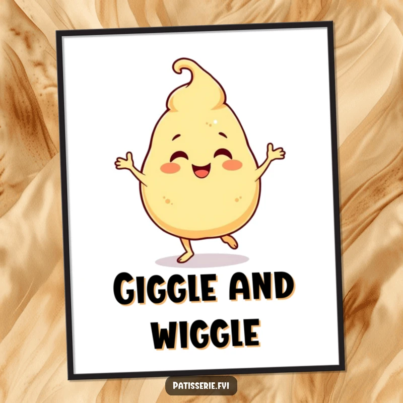 Funny Poster: A giggling profiterole character humorously performs a happy jig, creating sweet and funny wall art.