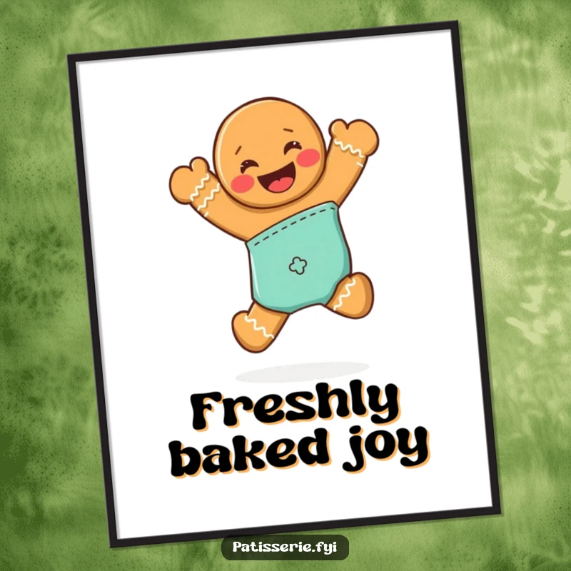 Funny poster of a grinning gingerbread man jumping joyfully from an oven mitt, capturing festive excitement.